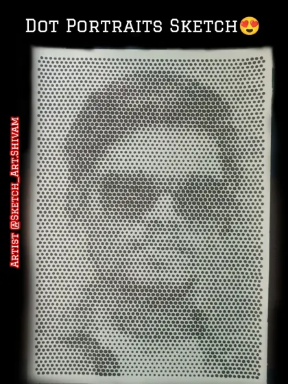The finished dot portrait. This unique style is a meticulous process of filling in thousands of tiny circles to create a realistic image. It's a great option for a truly one-of-a-kind commission.