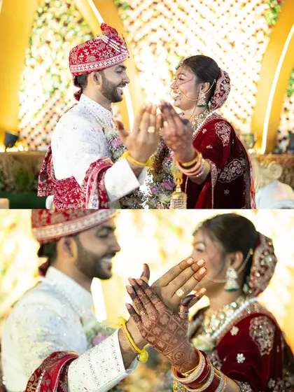 A playful and happy moment between the bride and groom after their wedding ceremony.