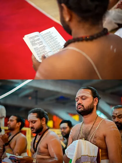 Priests chant from a scripture during a Maha Sudarshan Homa. The name "Sudarshan" means the "auspicious vision" of our true Self, which these ceremonies help to reveal.