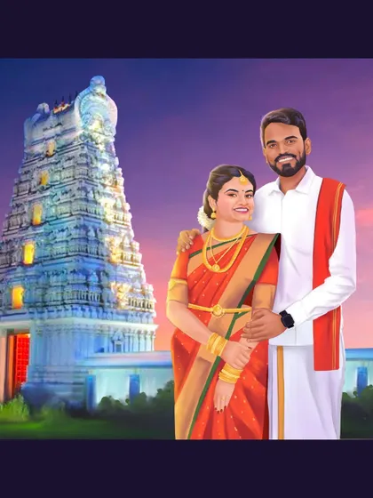 For this South Indian wedding illustration, I placed the couple in front of a majestic temple gopuram at sunset. This creates a divine and beautiful backdrop for their portrait.