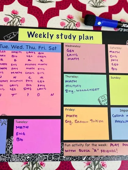 My reusable weekly study planner is designed to make homework and scheduling fun. It's magnetic, comes with an erasable marker, and has colorful blocks for each day.