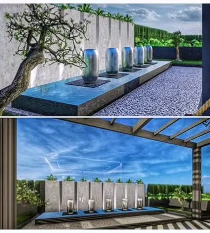 A before-and-after render of the terrace, showing how the construction work in the previous image will result in a serene, modern oasis.