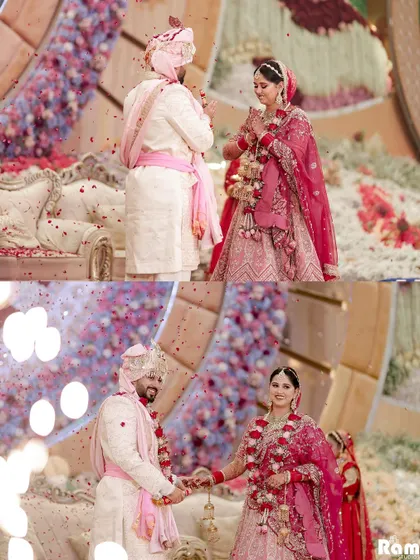 A collage of the Varmala ceremony, where the couple exchanges beautiful rose garlands. The confetti shower adds a festive and celebratory feel to this important ritual.