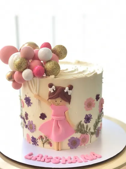 A cake for a little girl, featuring a doll topper, a balloon bouquet, and a border of pressed flowers.