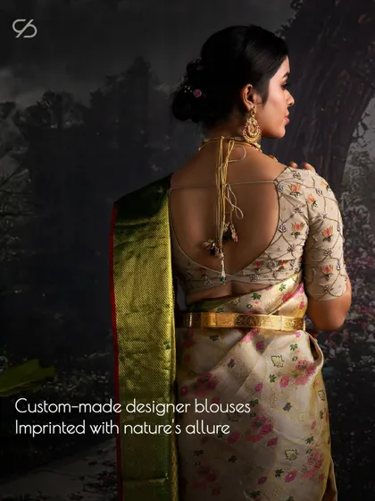 I create made-to-order designer blouses that capture the best of nature. This piece, with its floral embroidery and elegant back design, is a perfect example of uniqueness.