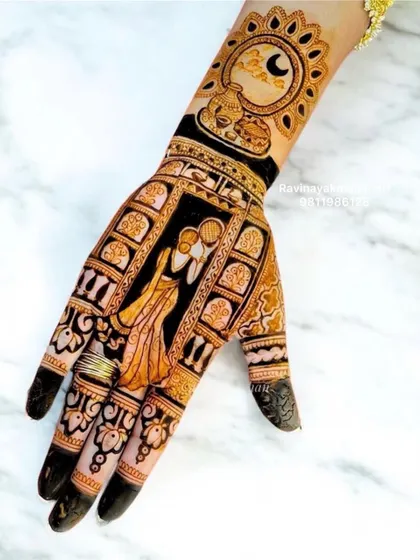 A side view of a Karwa Chauth design, highlighting the portrait of a couple and the intricate work on the wrist and fingers. The use of dark and light shades gives the design a beautiful depth.