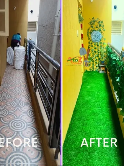 I converted this narrow and plain building entryway into a bright and inviting path. The 'before' shows a patterned tile floor, which I covered with realistic artificial grass and decorated with artificial vines for a welcoming effect.