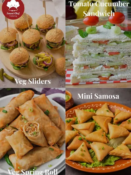 A collage of our vegetarian hi-tea snacks, including Veg Sliders, Tomato Cucumber Sandwiches, Veg Spring Rolls, and Mini Samosas.