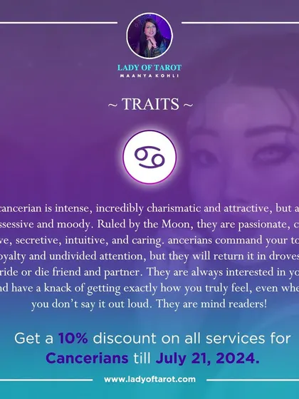 This graphic explains the traits of a Cancerian. Ruled by the Moon, they are passionate, creative, intuitive, and caring. They are intense and charismatic, commanding loyalty and returning it in droves.