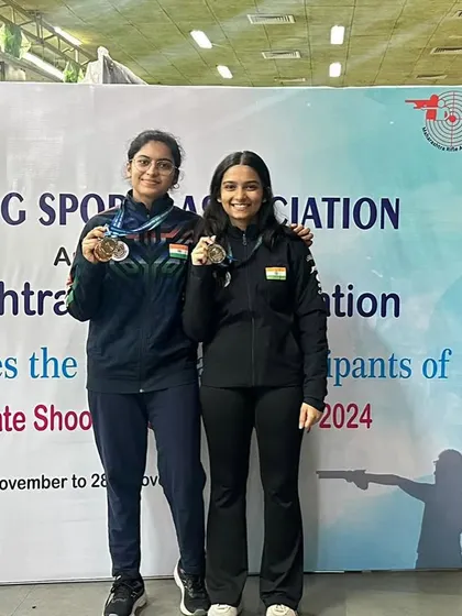 Two of our athletes proudly displaying their medals at the 39th Maharashtra State Shooting Championships.