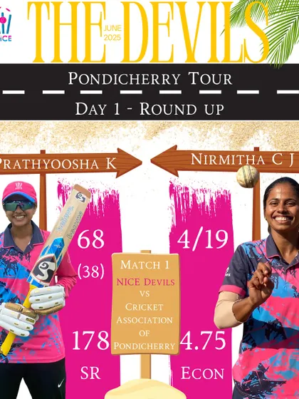 Kicking off our Pondicherry tour with a bang. Prathyoosha's quickfire 68 and Nirmitha's 4-wicket haul set the tone on Day 1.