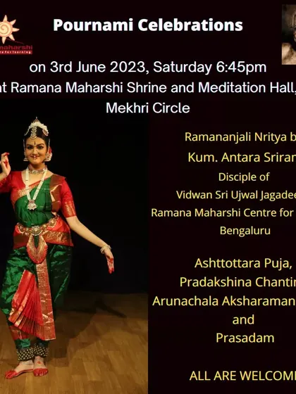 An invitation to our Pournami celebrations featuring a Ramananjali Nritya (dance) performance by Kum. Antara Sriram, a disciple of our centre.