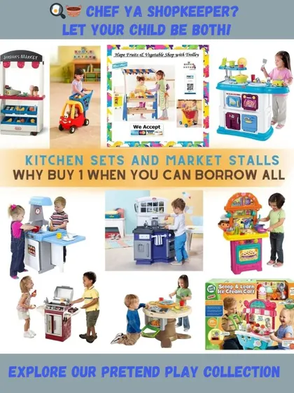 Will they be a chef or a shopkeeper today? With my collection of kitchen sets and market stalls, your child's imagination is the only limit. Renting means you can swap sets to keep pretend play fresh and exciting.