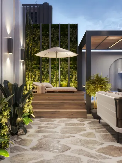 Visualizations of a rooftop terrace pool and lounge area. We've captured the inviting blue of the pool, the texture of the stone patio, and the ambient lighting that makes it a perfect evening retreat.
