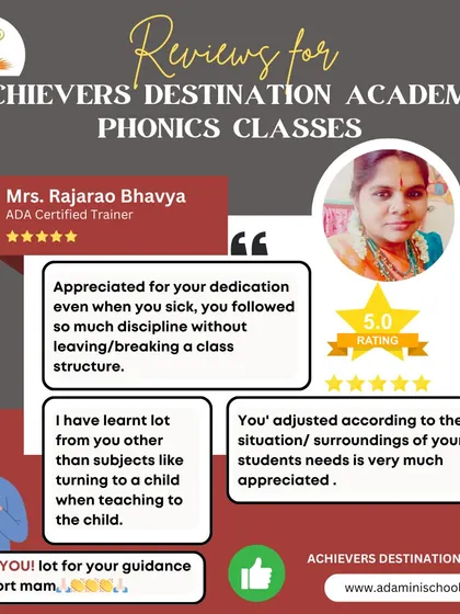 A glowing 5-star review for our ADA Certified Trainer, Mrs. Rajarao Bhavya. We are proud of our dedicated educators who adapt to every student's needs and maintain a structured, supportive learning environment.