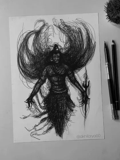 An abstract and expressive sketch of Lord Shiva in his fierce form. This A4 size commission for a client in Telangana was created using a unique scribbling technique to convey raw energy.