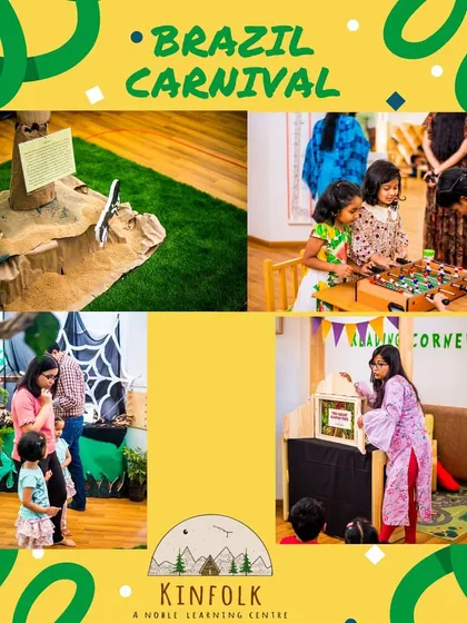 A collage from our Brazilian Carnival, showing the Amazon setup, foosball, and Kamishibai storytelling. It was a day of immersive cultural learning.