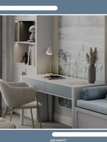 A cozy study nook with a light blue and white color scheme, featuring a sleek desk, comfortable chair, and built-in shelving.