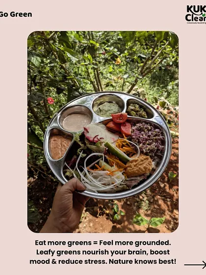 A balanced thali is a perfect example of a healthy plate. This one includes red rice, various vegetable preparations, and different chutneys, all surrounded by nature. Eating more greens helps you feel more grounded.