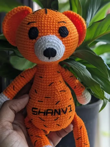 Holding the handmade orange tiger plushie, showing the custom name 'Shanvi' clearly.