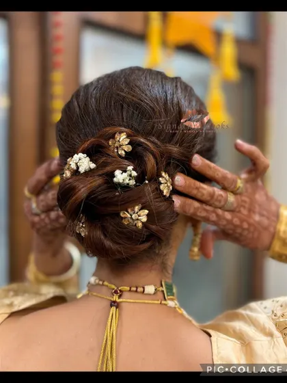 A detailed look at the intricate twisted bun, adorned with small floral hairpins. This style is both beautiful and secure.