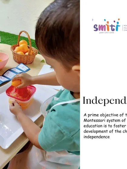 A child independently works on squeezing fresh orange juice. Fostering independence is a primary objective of our program, empowering children with confidence and self-reliance.