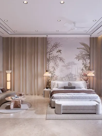 This wide view of a bedroom concept shows a large, serene wallpaper mural behind the bed, complemented by fluted wall panels and a curved sofa. The room feels spacious, light, and luxurious.