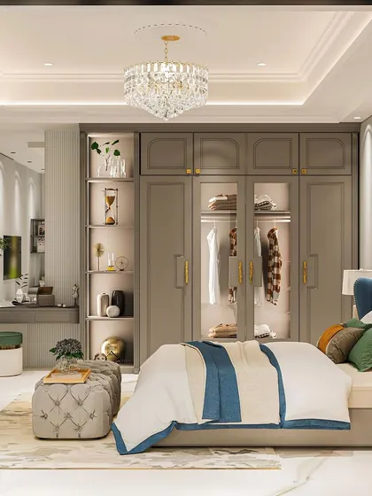 A luxury bedroom where a deep blue headboard and a large art piece with golden cranes create a dramatic and opulent statement.