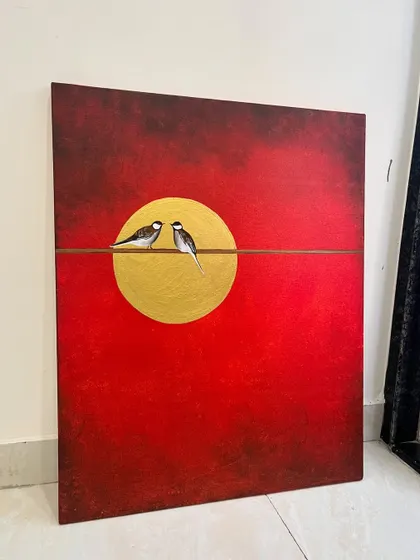 The full 24 by 30 inch bird painting. This piece is perfect for adding a pop of color and a touch of romance to any room.