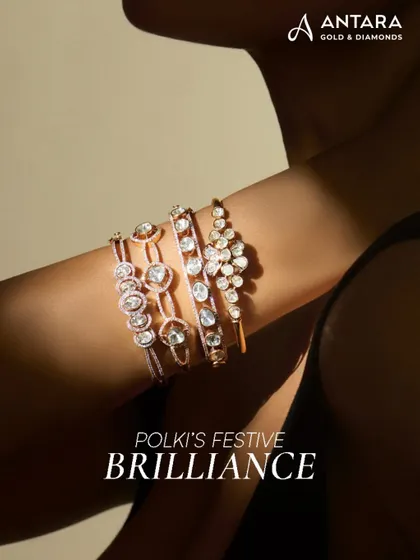 Polki's festive brilliance. This stack of uncut Polki diamond bracelets, set in graceful forms, is crafted to sparkle with every move at weddings and evening soirées.