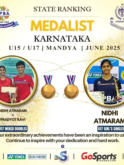 Bronze medalists Nidhi Atmaram and Pradyot Ravi (U17 XD) and Nidhi Atmaram (U17 GS) from the Mandya State Ranking.