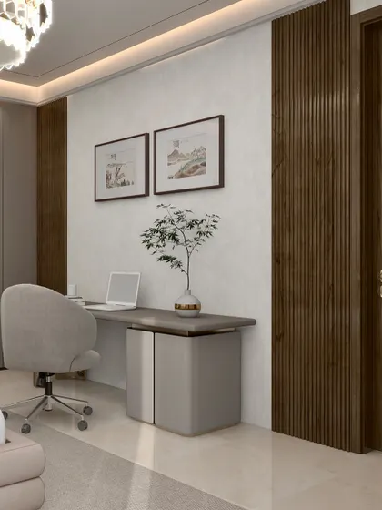 For this minimalist kids' room, we designed an integrated storage and study solution. A clean, wall-mounted desk is paired with sleek cabinetry, optimizing the space while maintaining a calm and orderly environment conducive to focus.