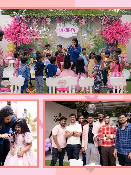 A collage showing the fun and entertainment at a butterfly-themed party, including a host engaging the kids and our team behind the scenes.