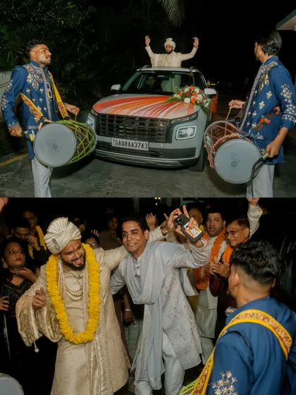 The groom's baraat arrives with dhol players and dancing, capturing the festive and high-energy start to the wedding night.