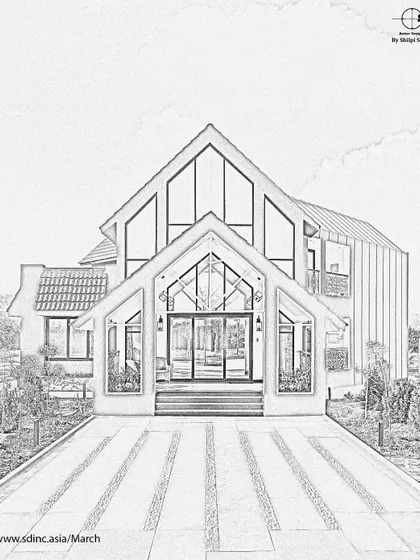 A sketch rendering of the Sohna farmhouse, illustrating the core architectural lines and form. This is one of the first steps in my design process, where the initial vision begins to take shape on paper.