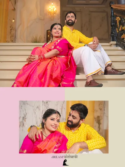 A collage of Kishi and Aaditya seated on a staircase, showcasing their happy and relaxed moments together.