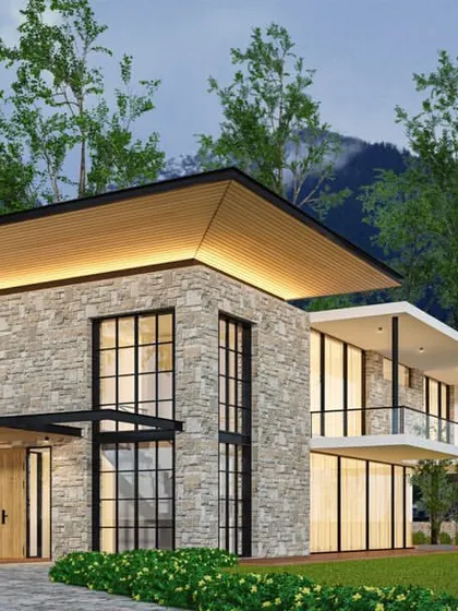 A render of a hillside residence in the Malsi Forest, Dehradun, designed with a focus on sustainability. The architecture uses local stone and large overhangs to respond to the climate, minimizing environmental impact.