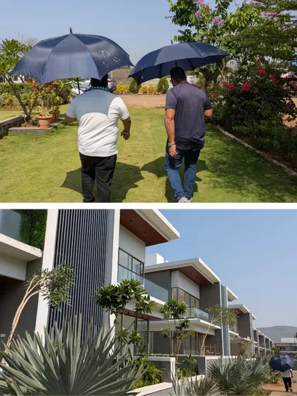 Photos from a site visit to a Lonavala bungalow project, showing our team walking the grounds.