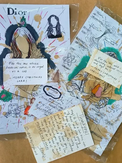 A couple of custom Christmas gift illustrations packaged and ready to go. Each one came with a personalized, hand-written note.