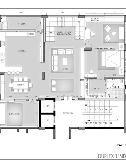 The second floor plan of the duplex, detailing the main living, dining, and kitchen areas. The layout emphasizes open-concept living while maintaining a clear sense of purpose for each space.