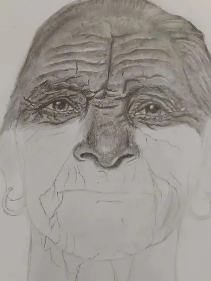 This is an early stage of the 'wrinkles' portrait, where the initial layers of shading are applied to define the facial structure. This shows how we build up depth gradually.