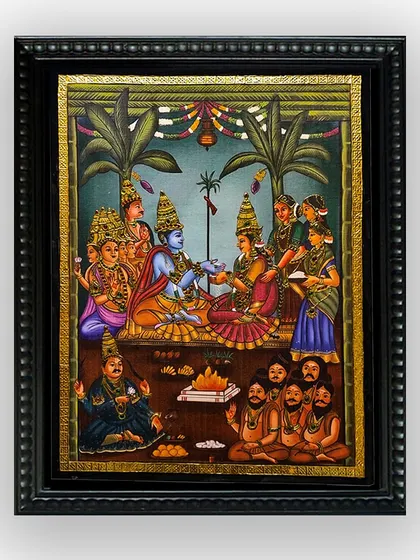 The framed version of our Srinivasa Kalyanam canvas painting. The classic black frame highlights the rich colors and golden details, making it a beautiful centerpiece for any home.