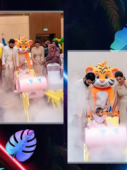 A grand entrance for the birthday girl in our neon jungle. The party featured character mascots and a smoky, dramatic entrance for a truly memorable moment.