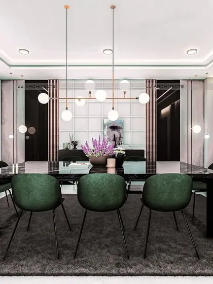 A concept for a sophisticated dining area. The design features a dark marble floor, a large glass-topped table, and bold green chairs, all illuminated by a modern pendant light fixture.