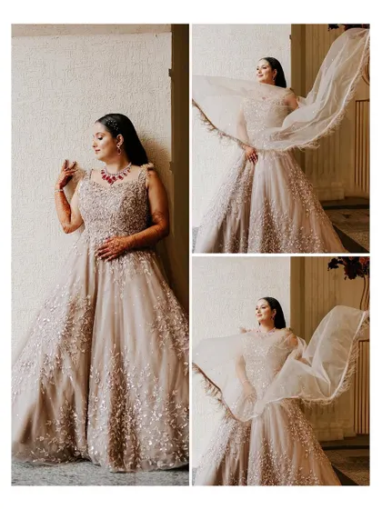 A series of portraits of the bride Ayushi, showing her posing gracefully and letting her flowing gown take center stage.