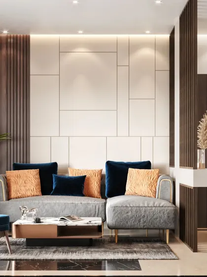 A cozy living room setting where I've used 3D visualization to test a color scheme of grey, blue, and burnt orange, showcasing how different textures and colors work together.