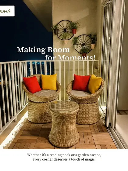 Making room for moments. This cozy nook with wicker chairs and colorful cushions is the perfect garden escape, proving every corner deserves a touch of magic.