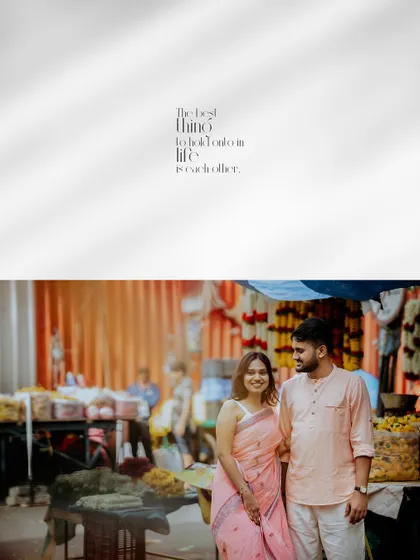 An elegant album layout featuring a candid shot from the market shoot with the simple, powerful quote: "The best thing to hold onto in life is each other."
