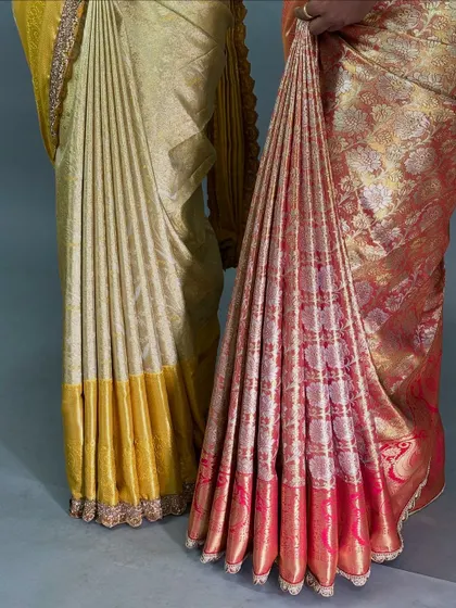 Two examples of perfectly fanned out saree pleats, ready for the final draping. This preparation is key to a flawless finish.