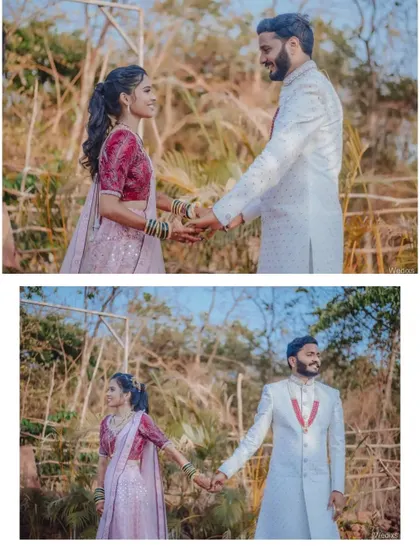 A set of full-length and medium shots of a couple holding hands in a rustic, natural setting for their engagement photos.